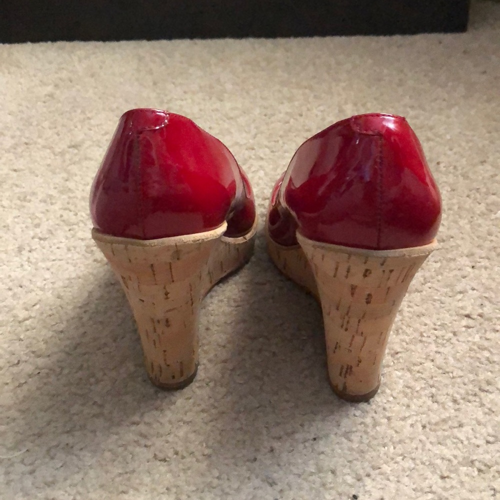 Aldo Red Patent Leather Peep-toe Cork Wedges - Picture 3 of 3